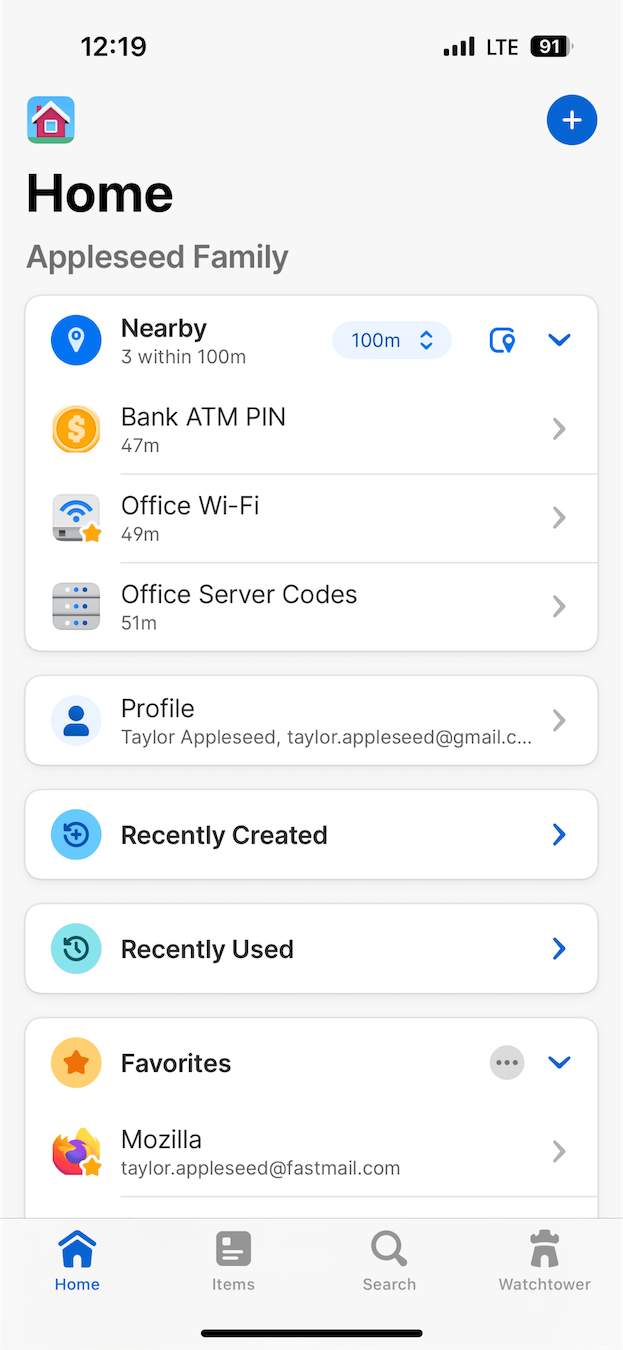 The Nearby items widget showing several nearby items like the bank and the office Wi-Fi.