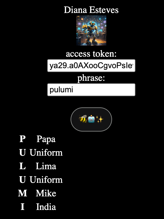 A screenshot of the Buzz application after a user signs in and enters 'pulumi' as the input.