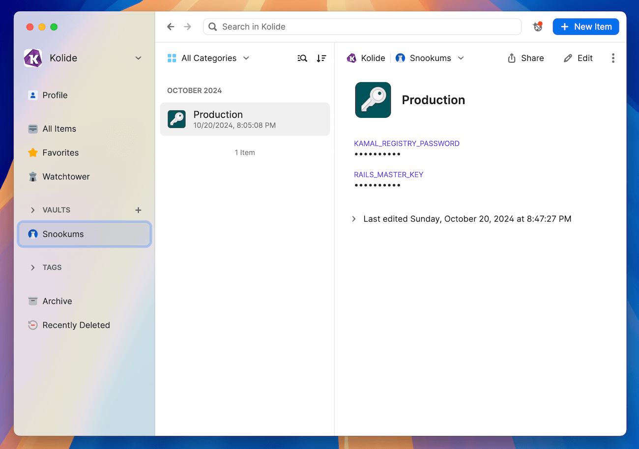 A screenshot of 1Password with a saved vault item called Production.