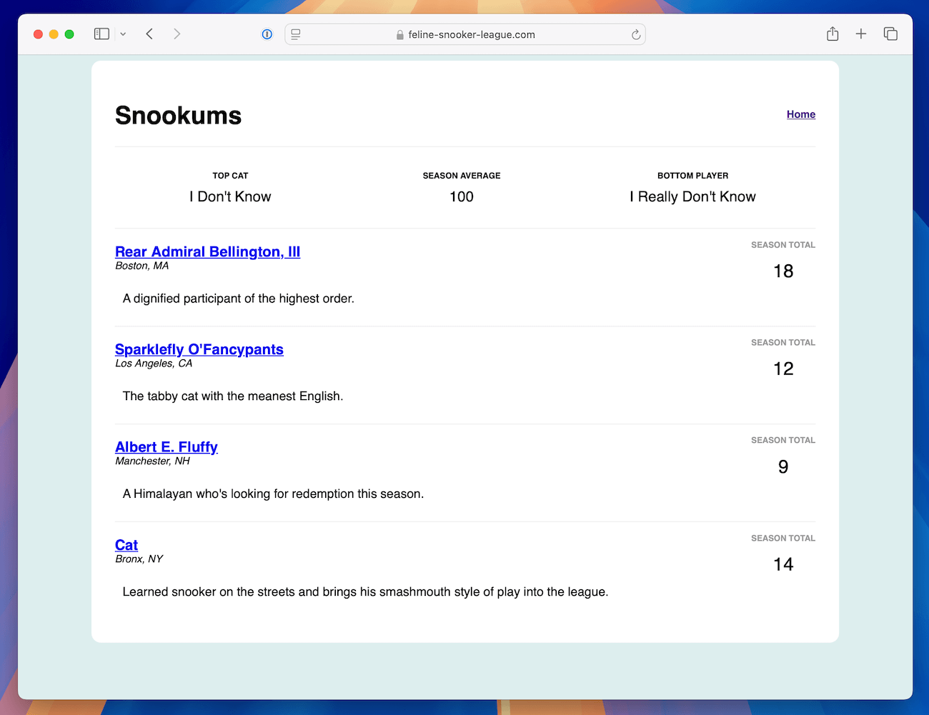 A screenshot of the completed Snookums project.