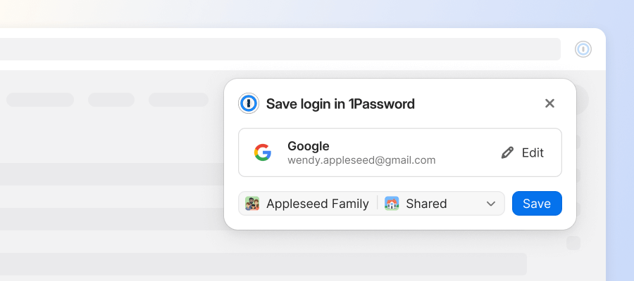A 1Password prompt in the browser offering to save a login in 1Password.