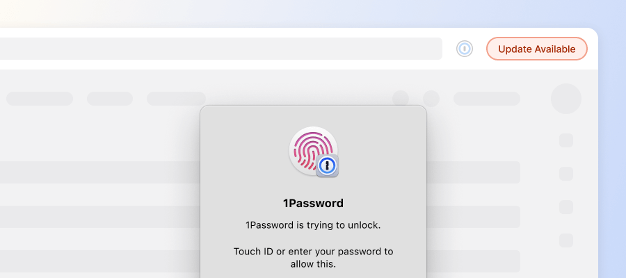 The Chrome browser showing an available update with a 1Password prompt asking you to unlock 1Password.