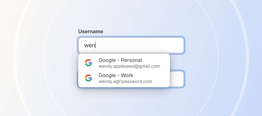 The username field on a form with the 1Password autofill dropdown showing login options.