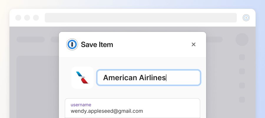 The Save Item option in 1Password saving the correctly-titled American Airlines item.