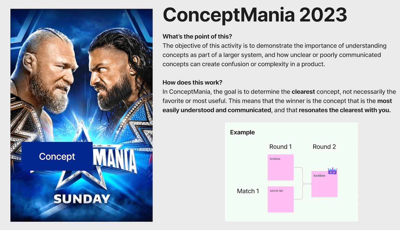 A Figjam screenshot with a fake 'Conceptmania' poster and a written explanation of what the tournament is about, and how it works.