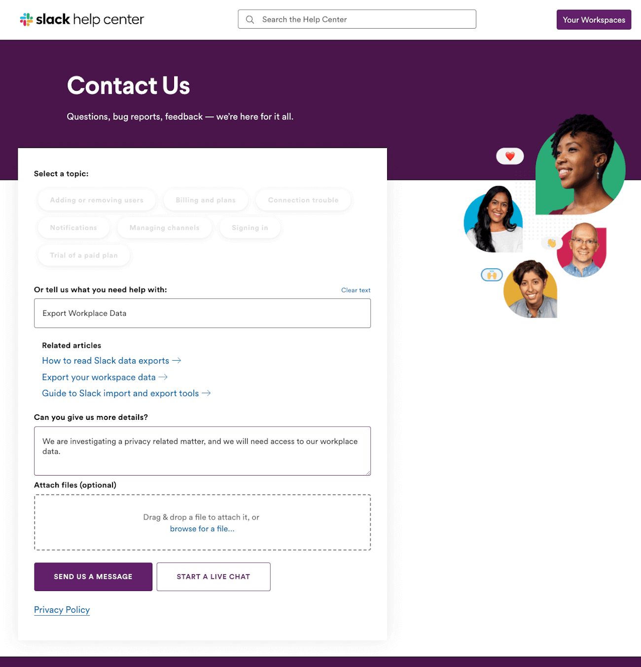 A screenshot of slack's contact us form.