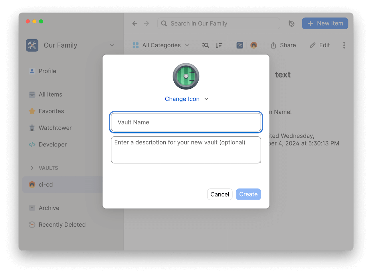 A screenshot of the 1Password desktop app with a pop-up window for creating a new vault.