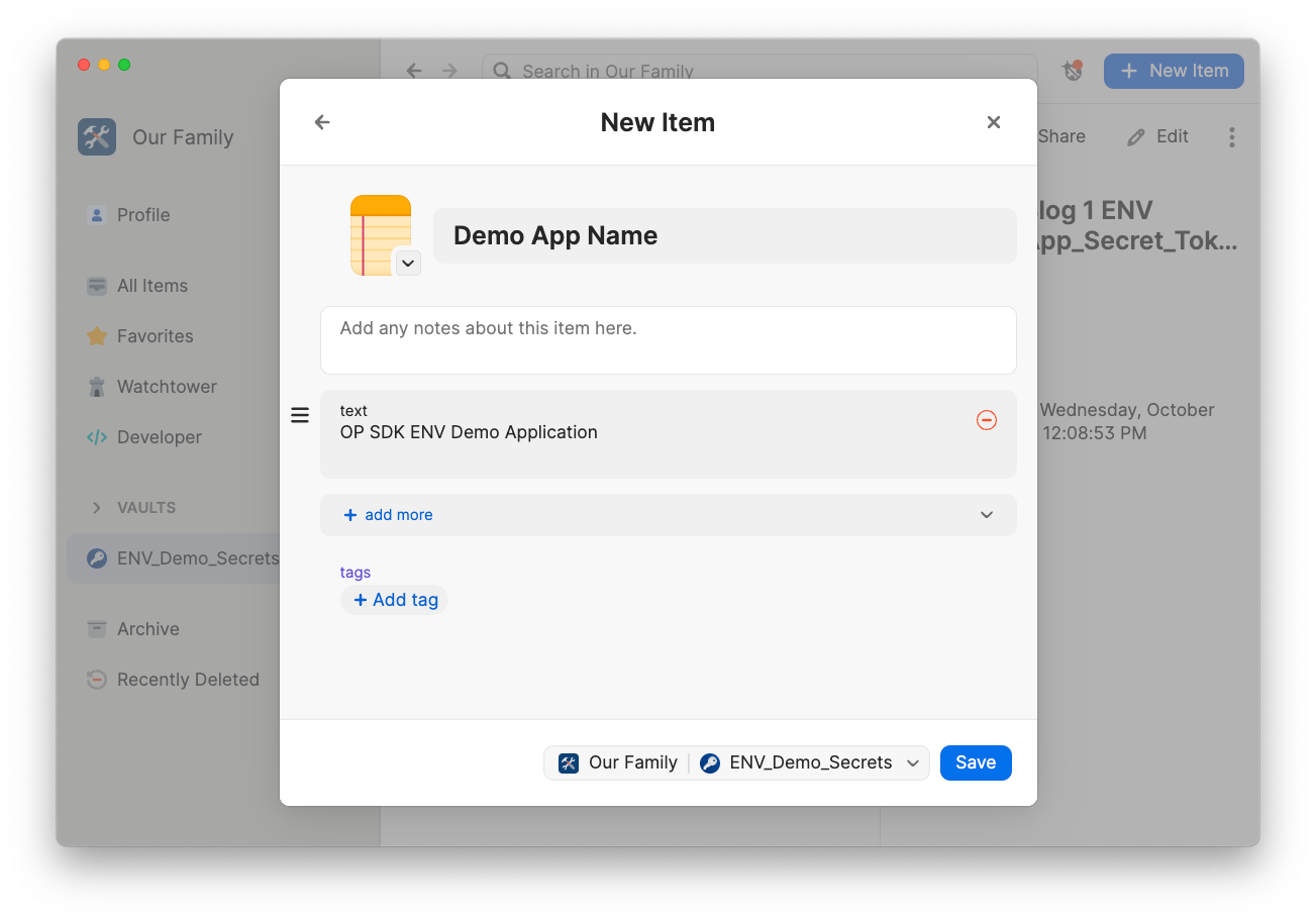 A screenshot of the 1Password desktop app with a pop-up window for creating a new item. The new item is named 'Demo App Name'.