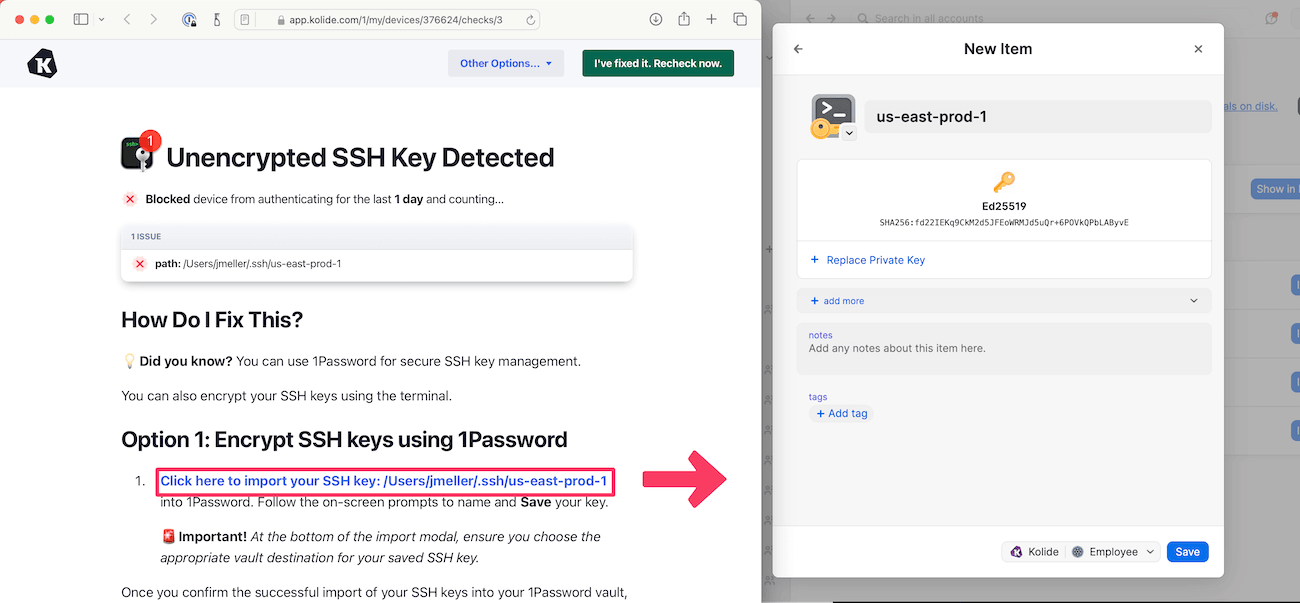 1Password Extended Access Management warning that an unencrypted SSH key has been detected, and outlining steps to import that SSH key into 1Password