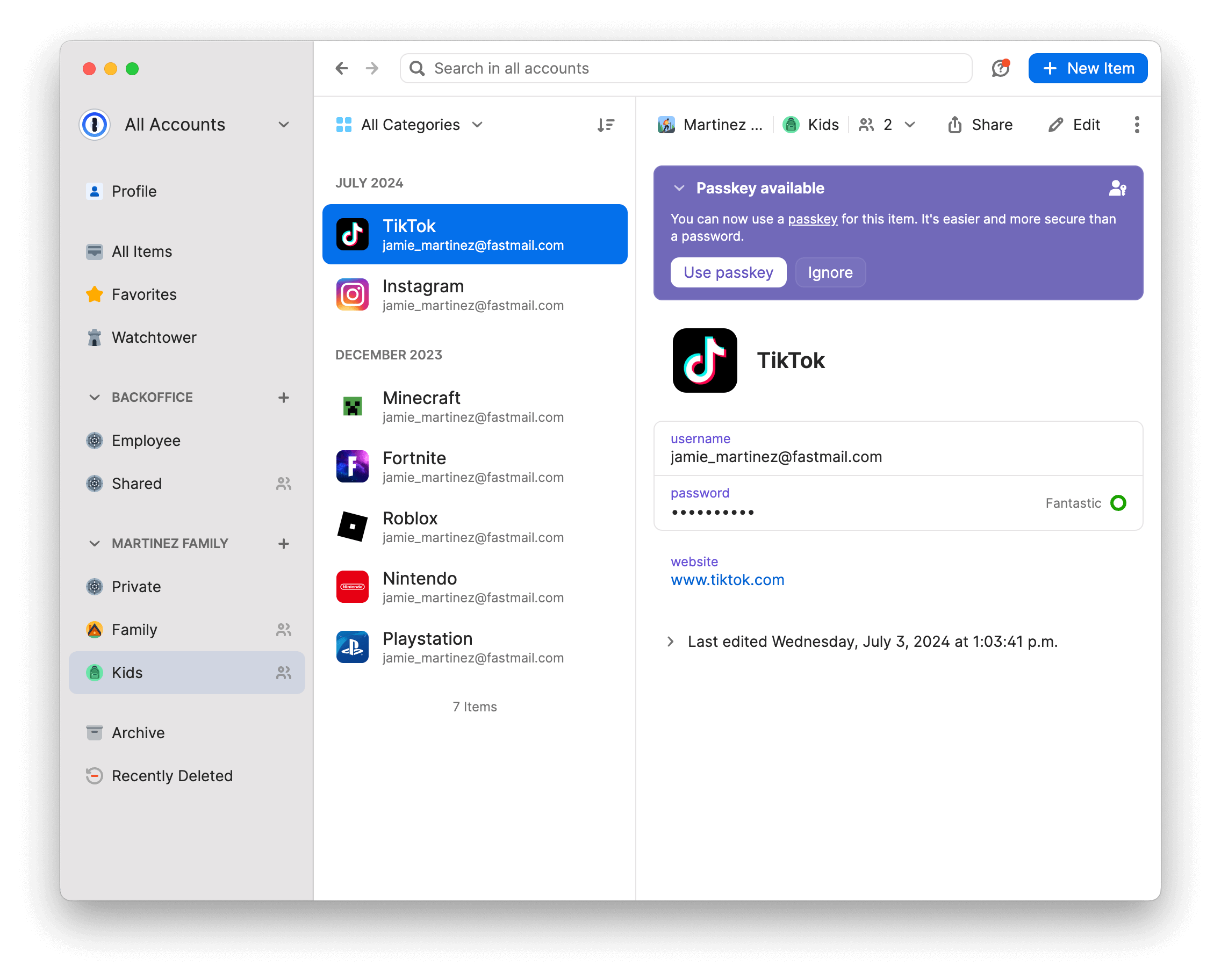 The 1Password app showing the login for a TikTok account.