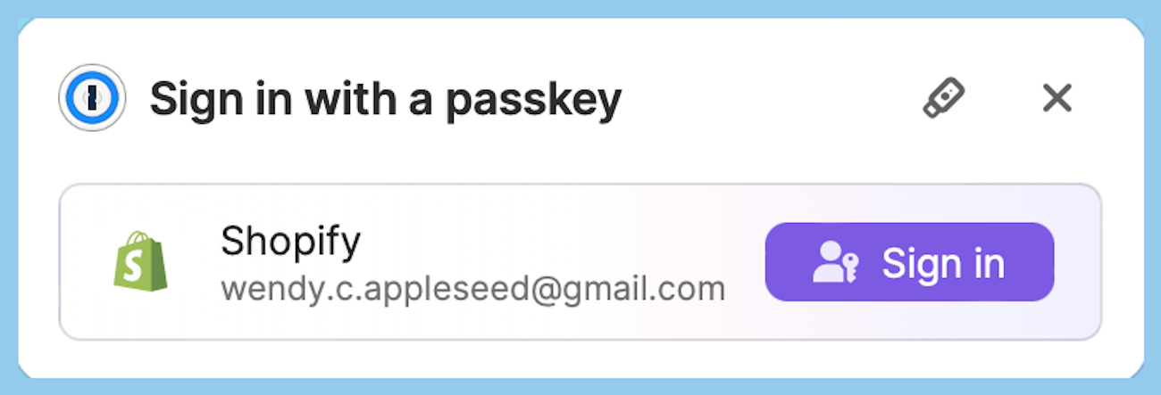A prompt by 1Password in the browser offering to sign in to Shopify using a saved passkey.