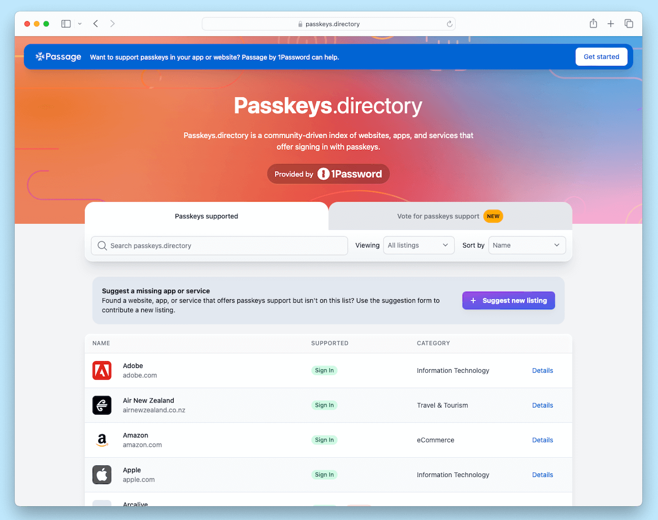 The passkeys.directory website showing a list of services that currently support passkeys.