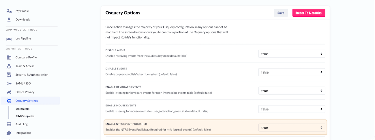 A screenshot of the osquery settings page.