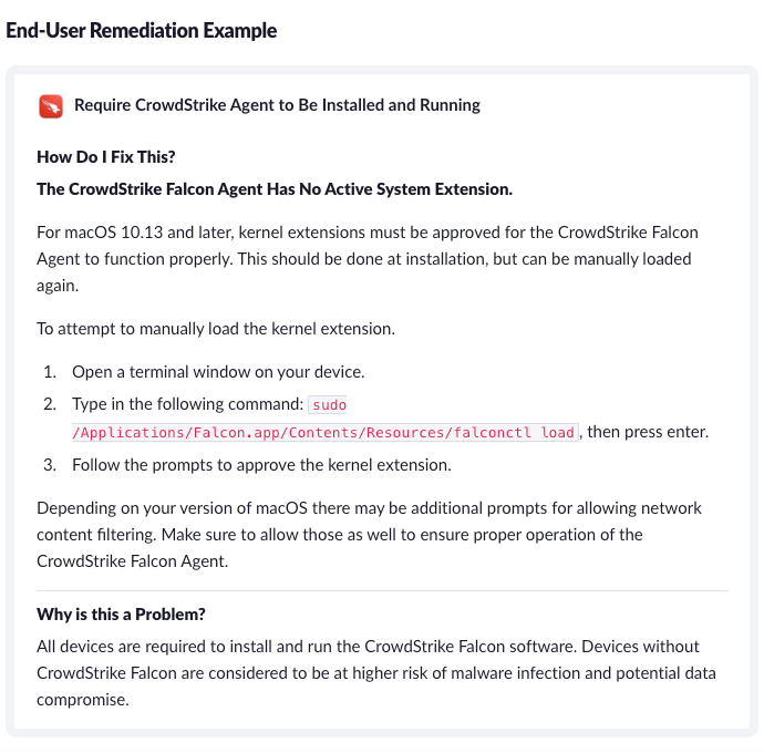 A screenshot of the fix instructions XAM provides for the crowdstrike check.