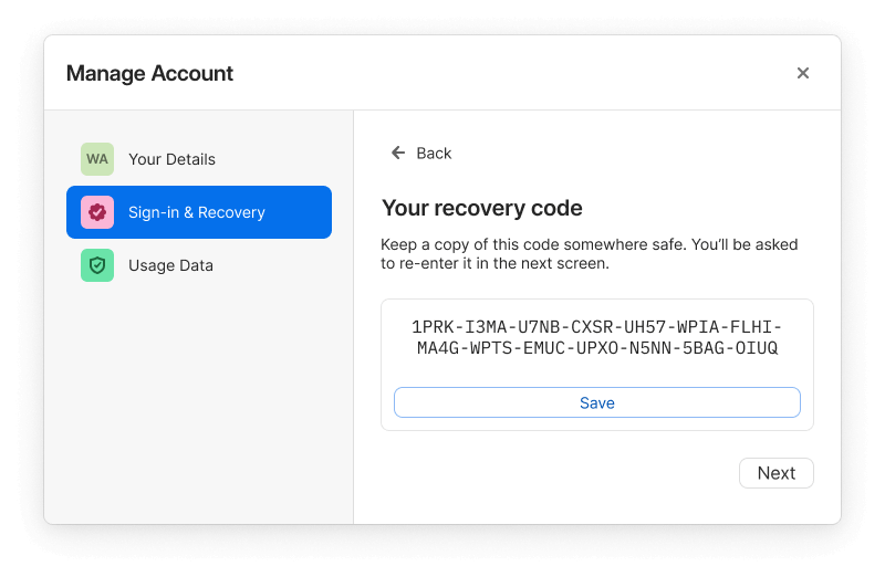 The Sign-in and Recovery screen in the 1Password app .