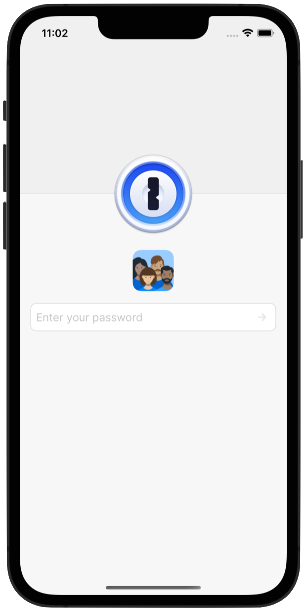 A screenshot fo the 1Password for iOS app lock screen. The screen includes the 1Password logo, an account image, and a password field.