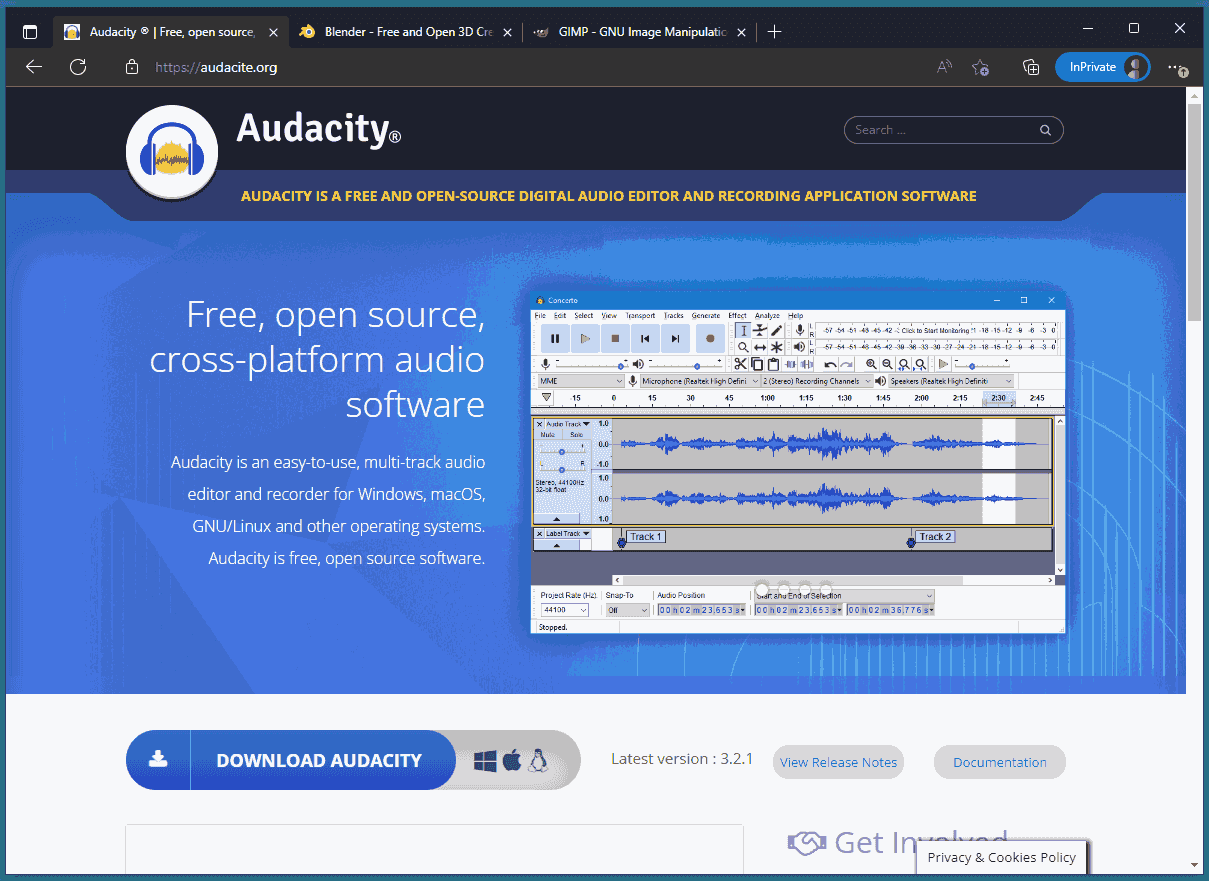 A screenshot of the mimicked Audacity website.