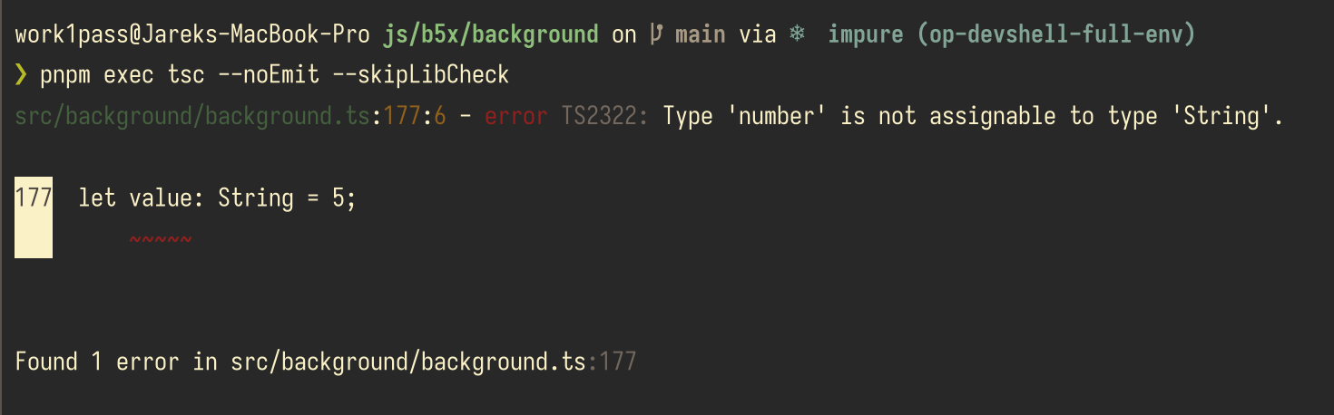 a screenshot of a terminal showing the output of tsc --noEmit --skipLibCheck. The error is a simple TS2322 'type number is not assignable to type string'.