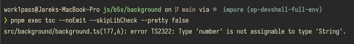 A screenshot of a terminal showing the output of tsc --noEmit --skipLibCheck --pretty false. The error is the same as the last screenshot – it's just that the formatting has changed.