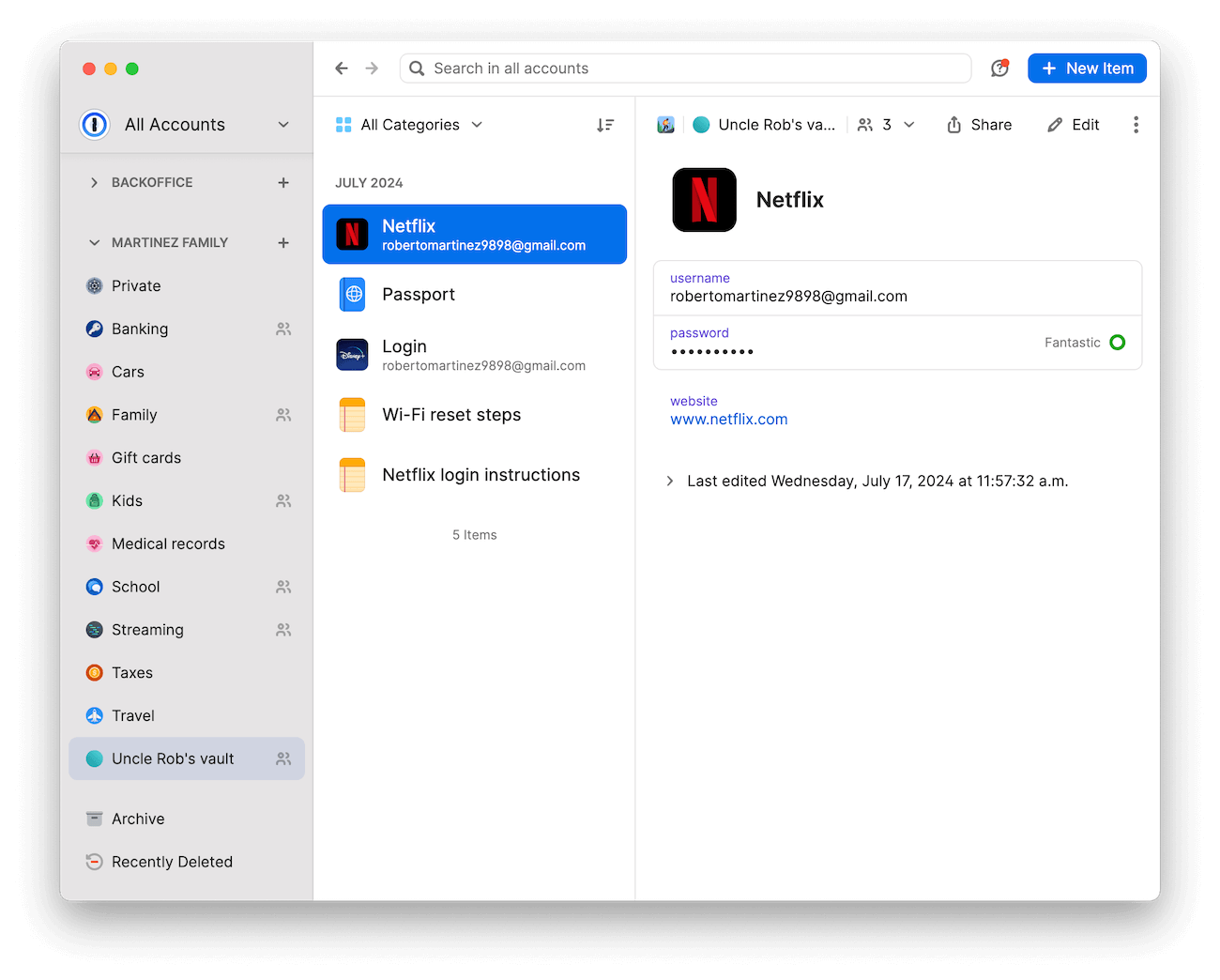 A 1Password vault for an extended family member showing items like instructions to sign in to Netflix and wifi reset steps.