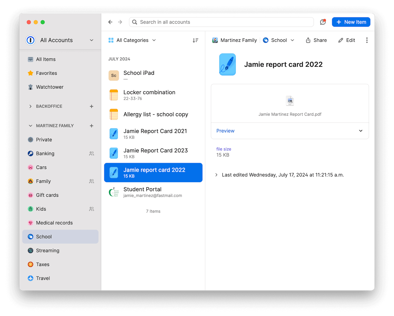 1Password app interface of a vault with school-related items, with the file 'Jamie report card 2022' selected.