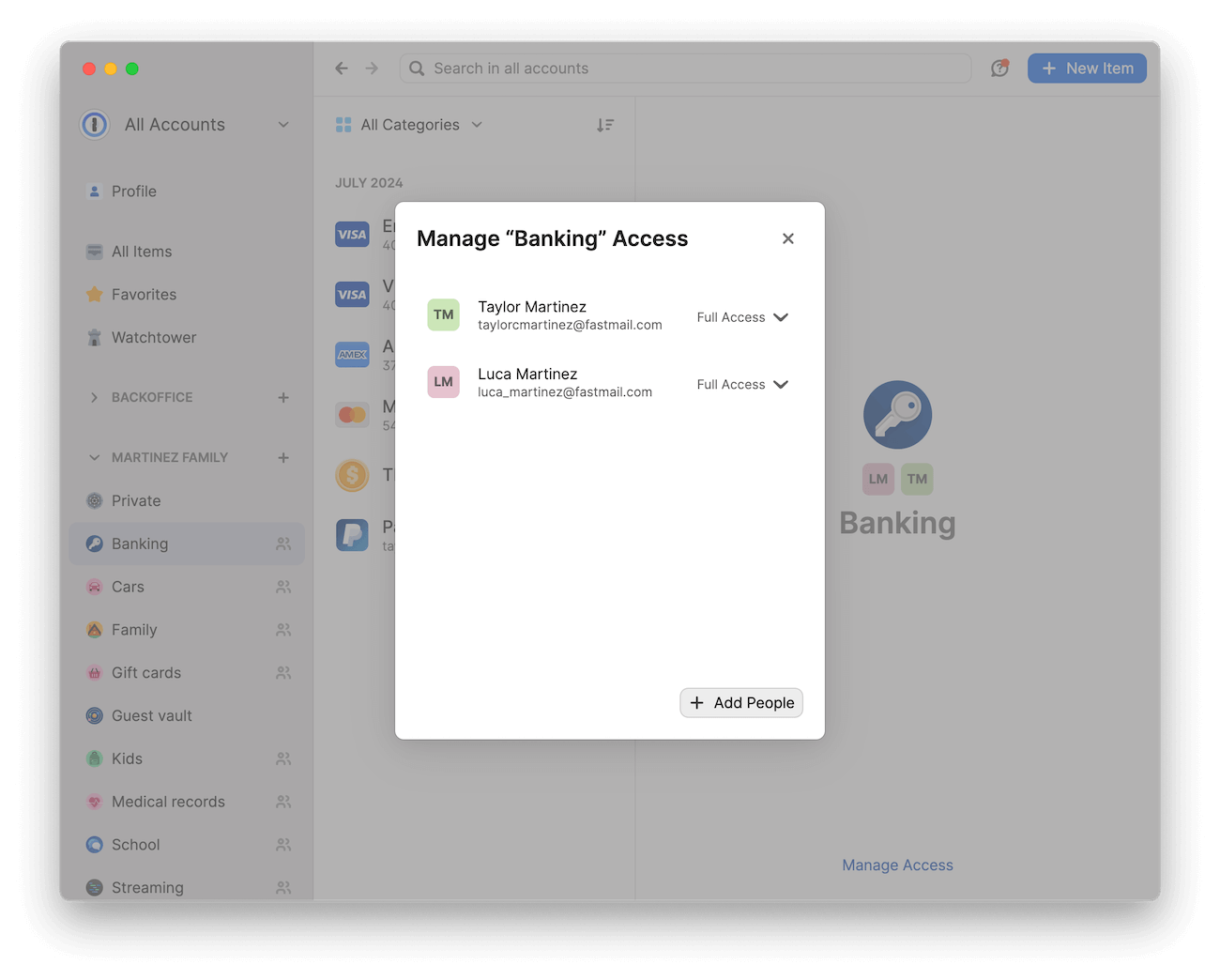 Pop-up window for managing 'Banking' access permissions in 1Password app, showing two users with full access.