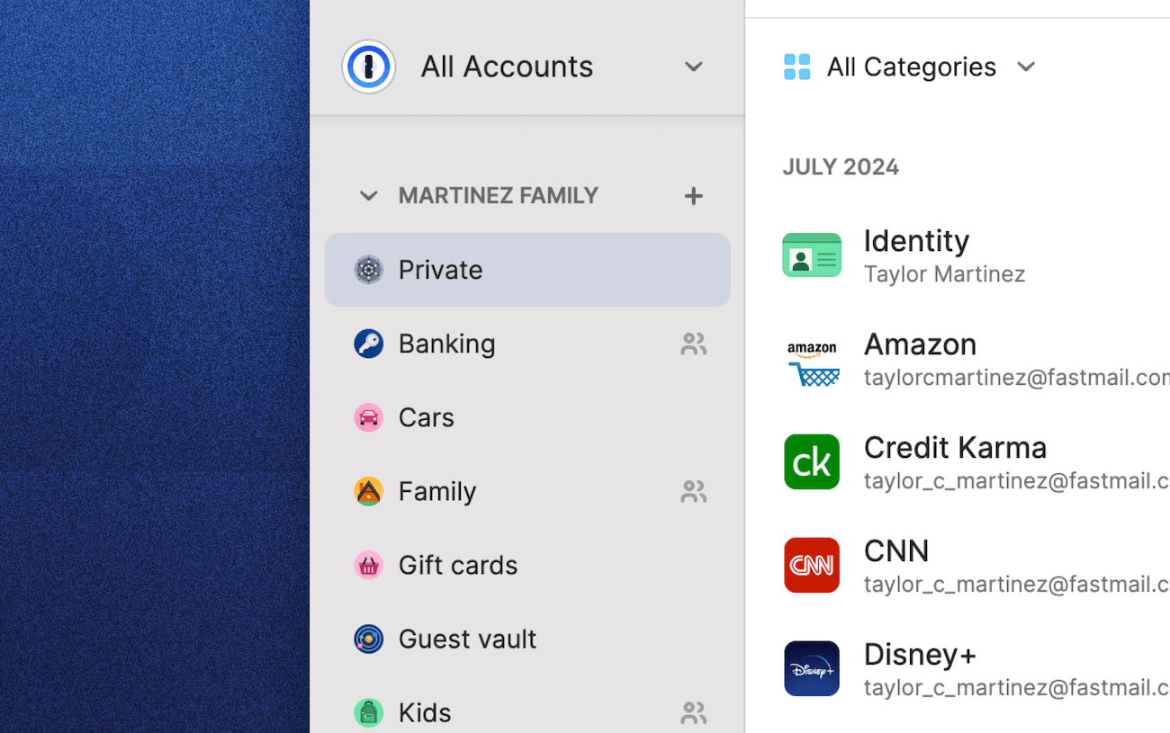 1Password app interface showing list of vaults including Private, Banking, Cars, Family, and Gift Cards.