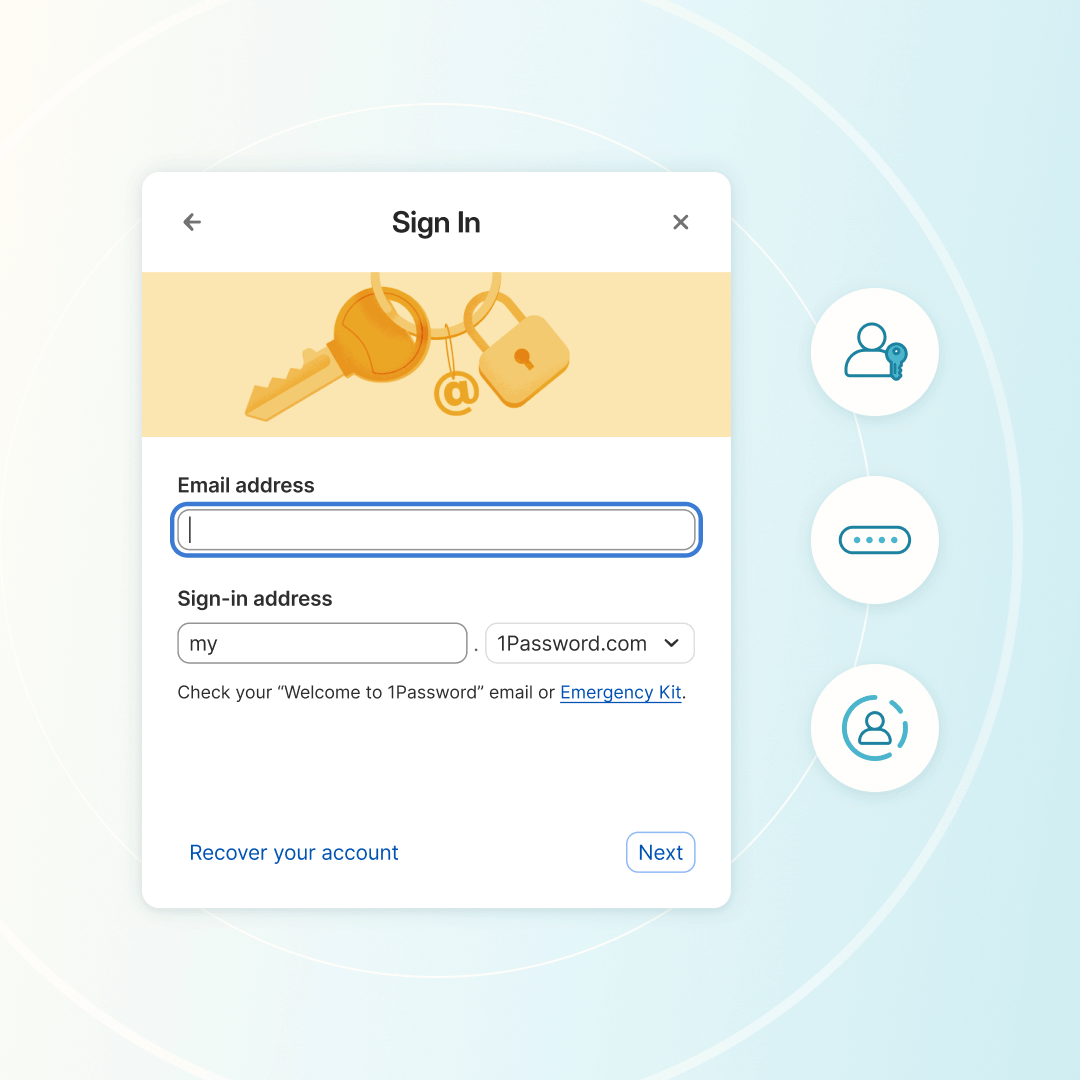 A prompt to sign in to 1Password with your email address.