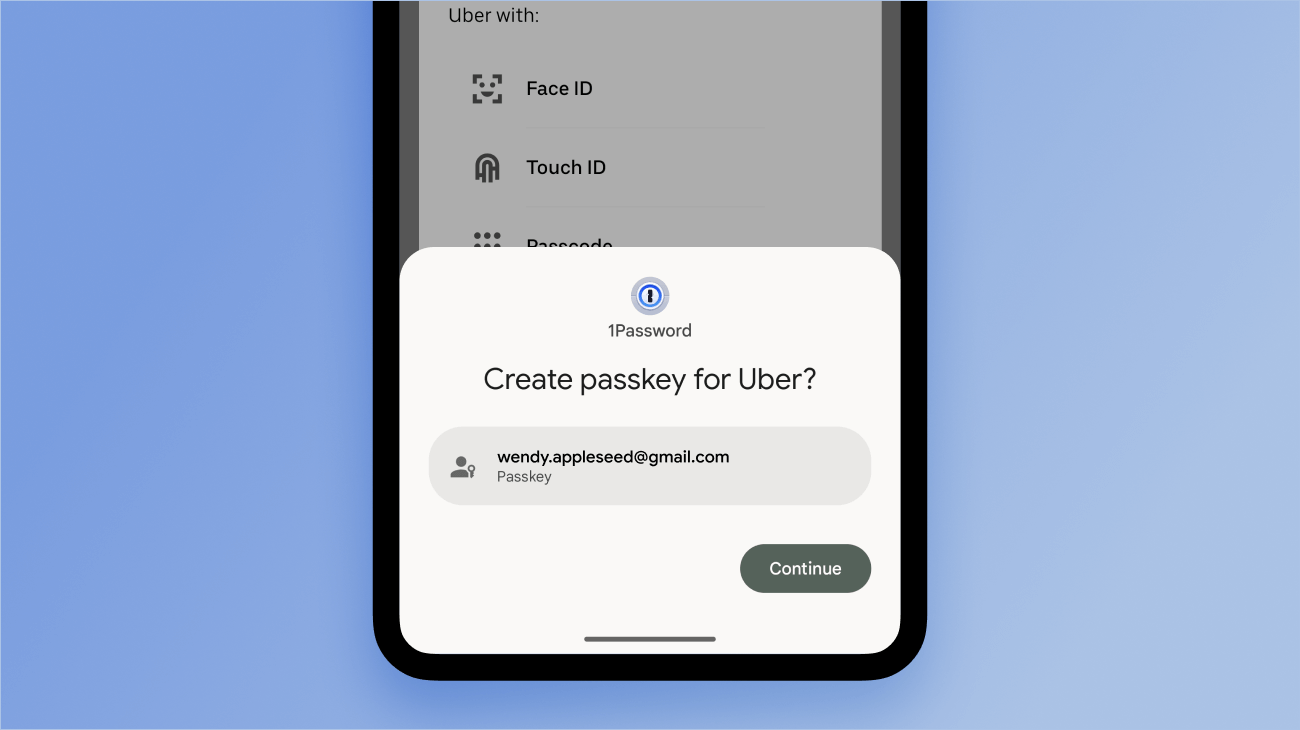 An Android device asking the user to confirm that a new passkey for Uber should be saved in 1Password.