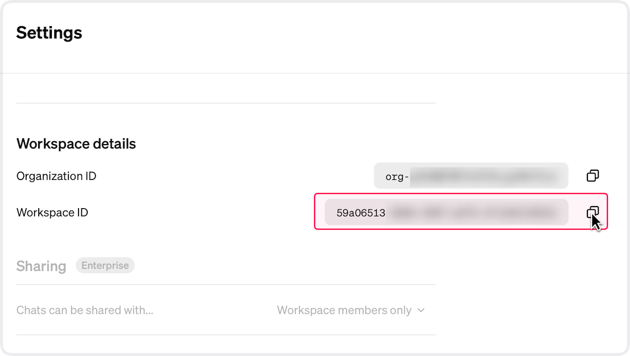 A screenshot of the ChatGPT admin portal, with the Workspace ID field highlighted.