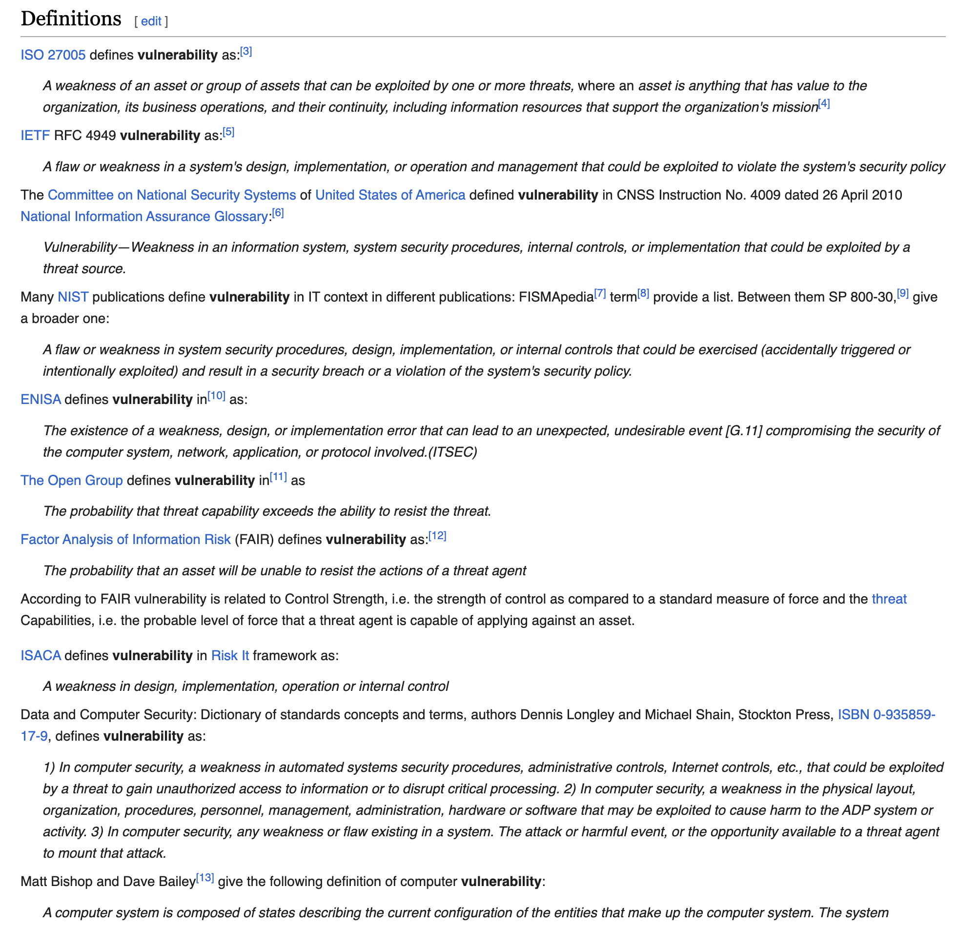 A screenshot of the wikipedia page listing different definitions of 'vulnerability' in the computing sense.