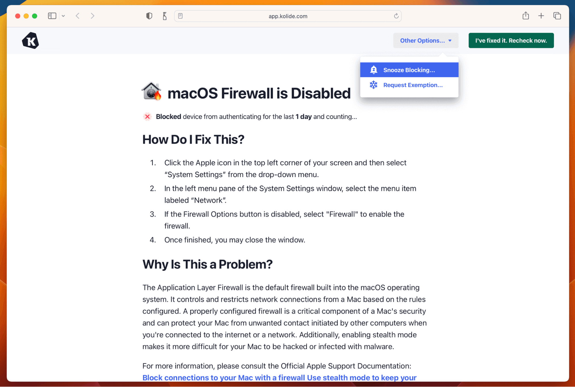 A screenshot of macOS firewall is disabled remediation instructions.