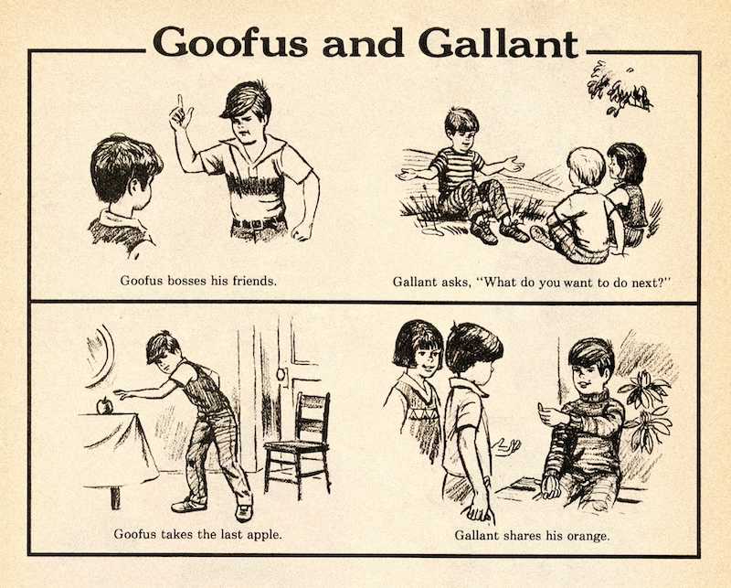 An image of two Goofus and Gallant comics drawn in the classic style.