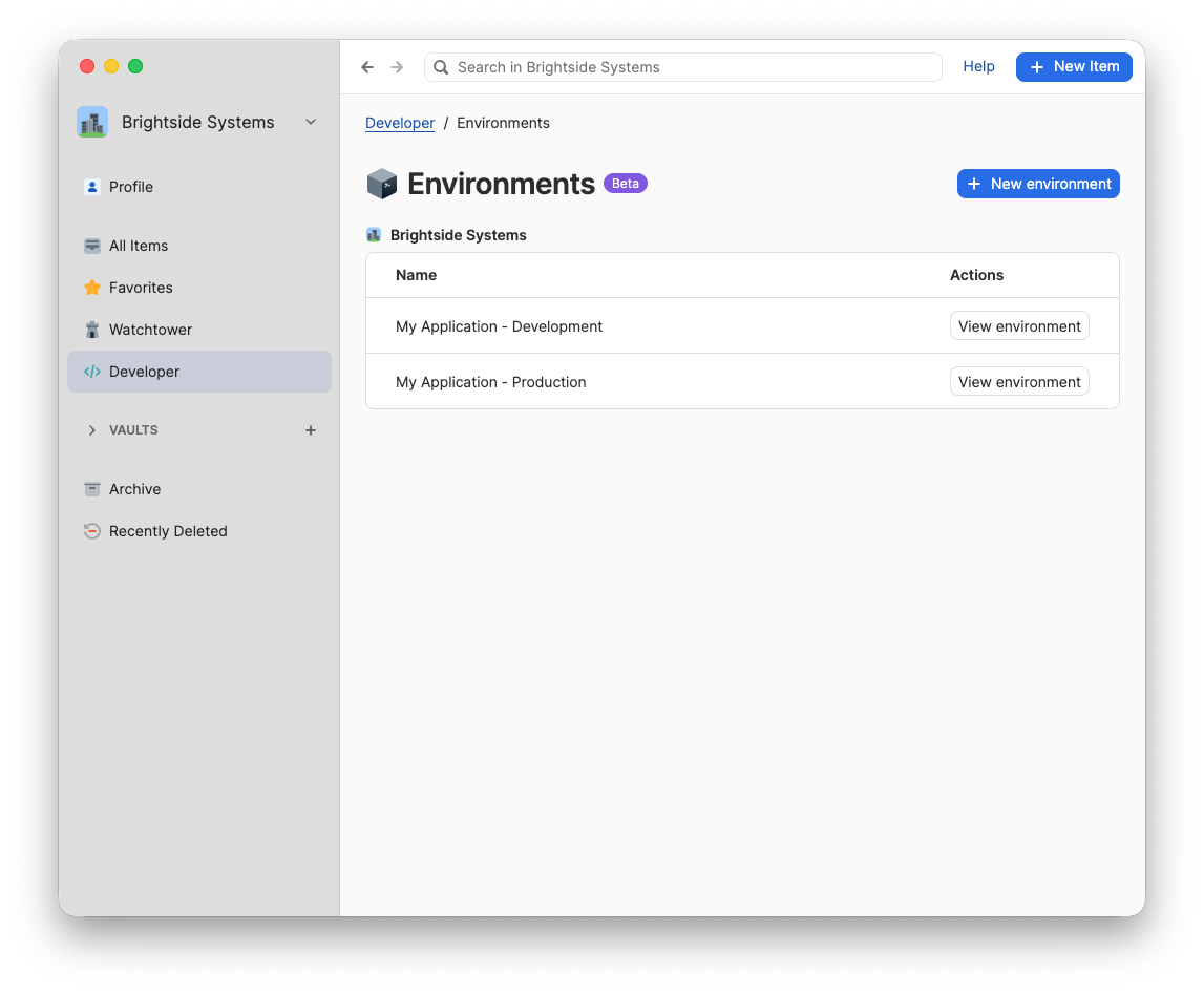 A screenshot of Environments in 1Password. A screenshot of Environments in 1Password.