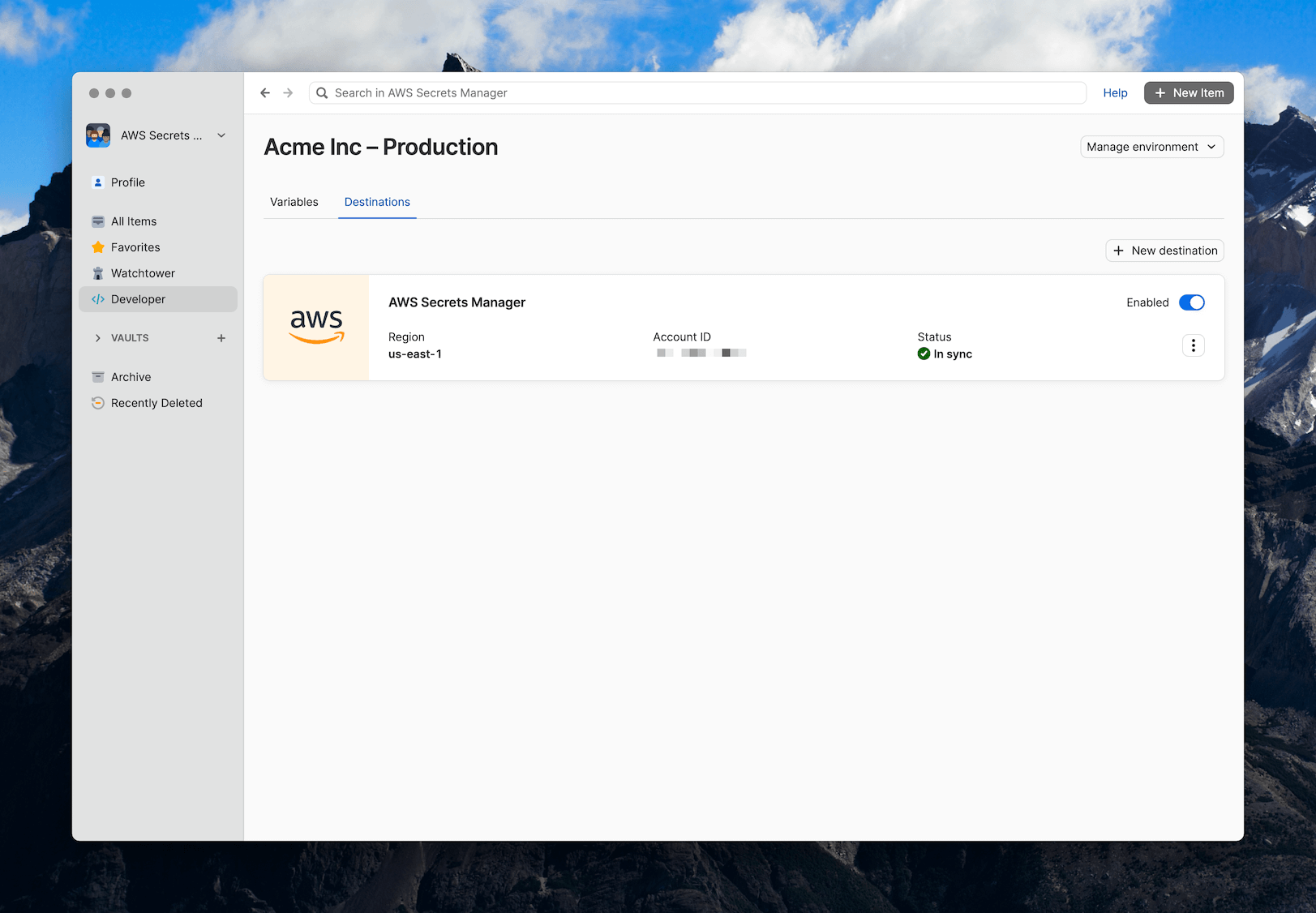 A screenshot of the environments AWS destination page. A screenshot of the environments AWS destination page.