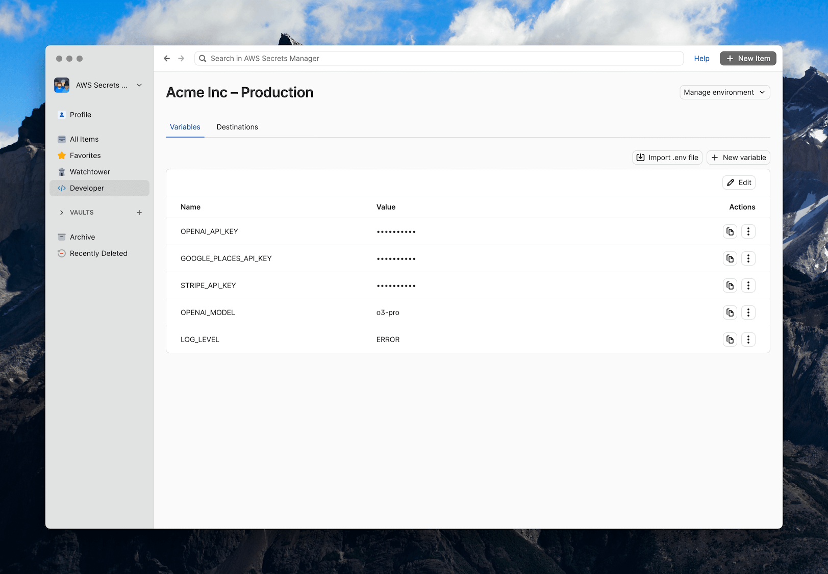 A screenshot of the environments variable page. A screenshot of the environments variable page.