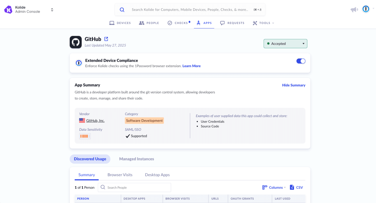 A screenshot of the Kolide admin console that showcases Extended Device Compliance when enforced. A screenshot of the Kolide admin console that showcases Extended Device Compliance when enforced.