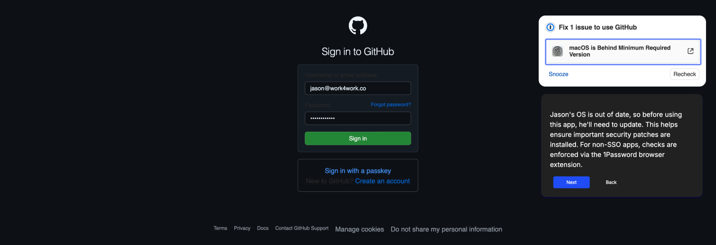 A screenshot of a real-time device compliance Check on GitHub. A screenshot of a real-time device compliance Check on GitHub.