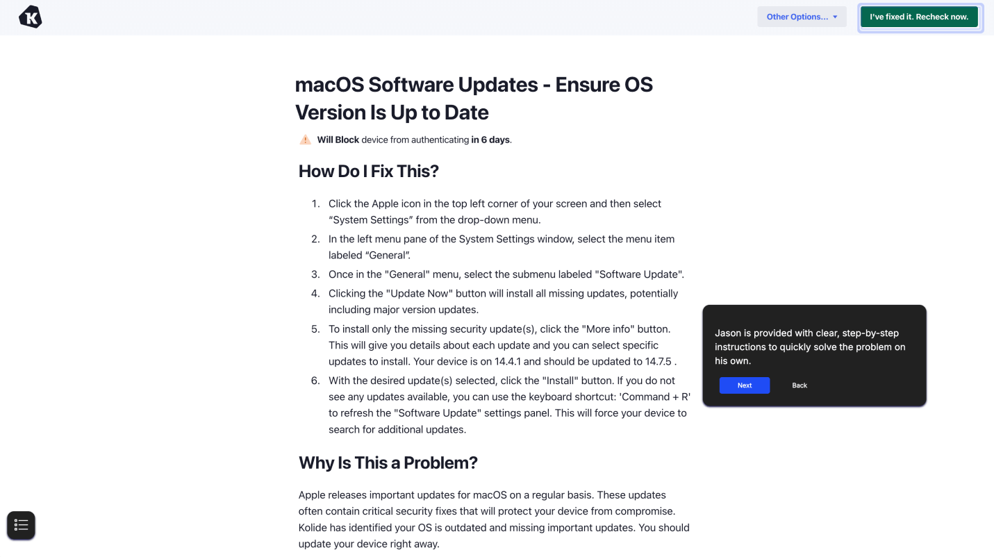 A screenshot of the macOS software updates - ensure OS version is up to date Check and self-remediation instructions. A screenshot of the macOS software updates - ensure OS version is up to date Check and self-remediation instructions.