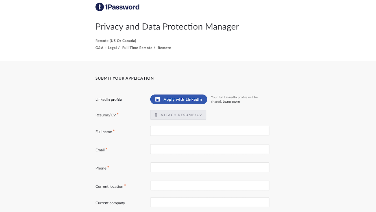 An online application form for a 1Password job vacancy.