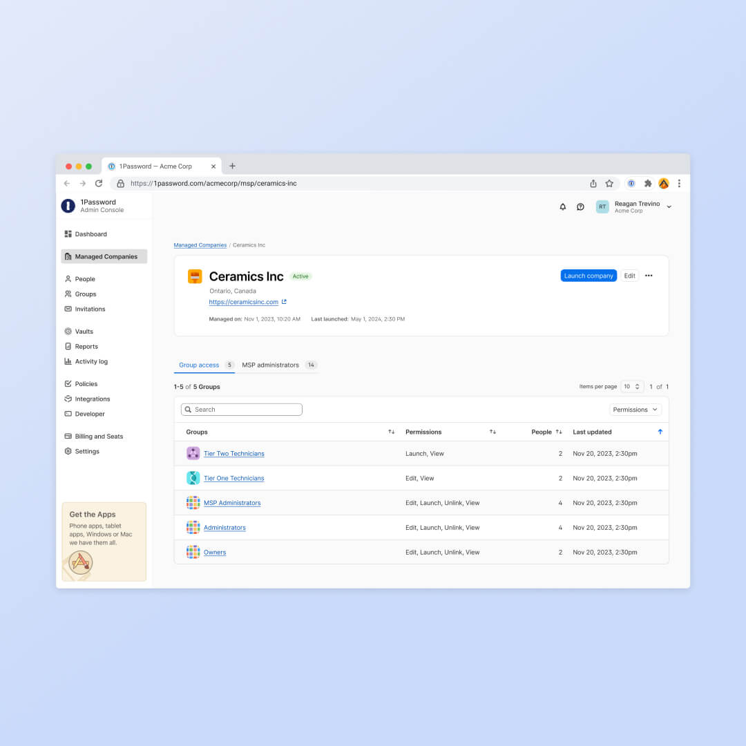 A screenshot from the 1Password Enterprise Password Manager – MSP Edition. A screenshot from the 1Password Enterprise Password Manager – MSP Edition.