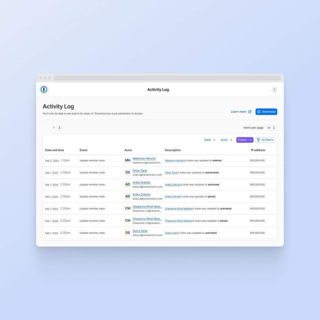 1Password Enterprise Password Manager – MSP Edition Activity Log