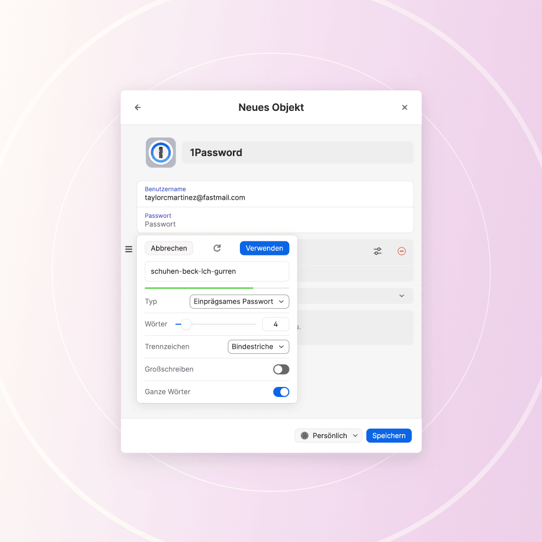 Pop-up window titled 1Password interface showing the creation of a new password entry with settings for a generated memorable password.